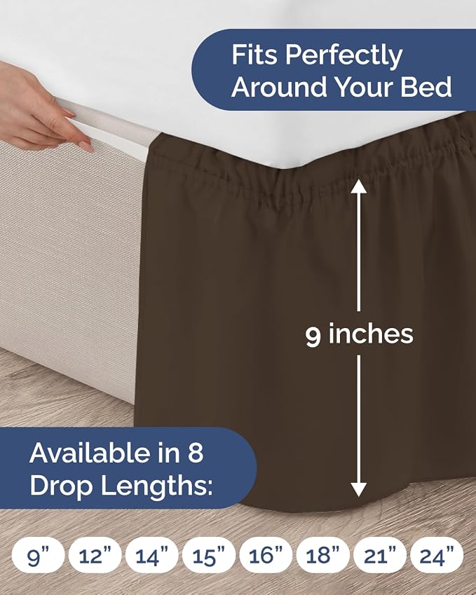 Wrap Around Dust Ruffle Bed Skirt - Brown - for Full Size Beds w/ 9 Inch Drop - Easy Fit Elastic Strap - Adjustable Pleated Bedskirt w/Brushed Fabric - Wrinkle & Fade Free - Women, Men, Kids & Teens
