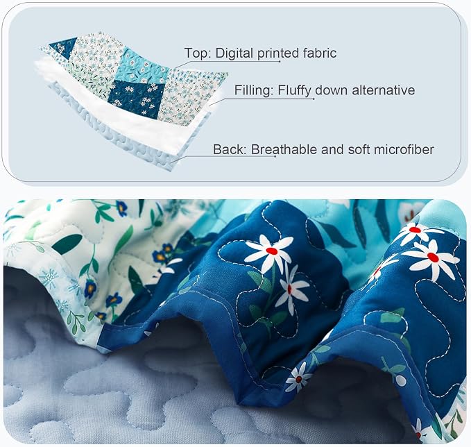 Whale Flotilla Patchwork Quilt King Size, Extra Soft Floral Bedspreads | Blue Reversible Lightweight King Quilt Bedding Set for Bed, Printed Coverlets with 2 Pillow Shams for All Seasons