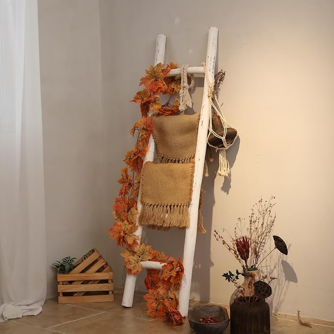 FUIN Blanket Ladder, 57in Rustic Wood Decor Rack, Fully Assembled, White | Farmhouse living room accent, Layered blanket towel quilt display, Visible wood grain, Bathroom and Bedroom use