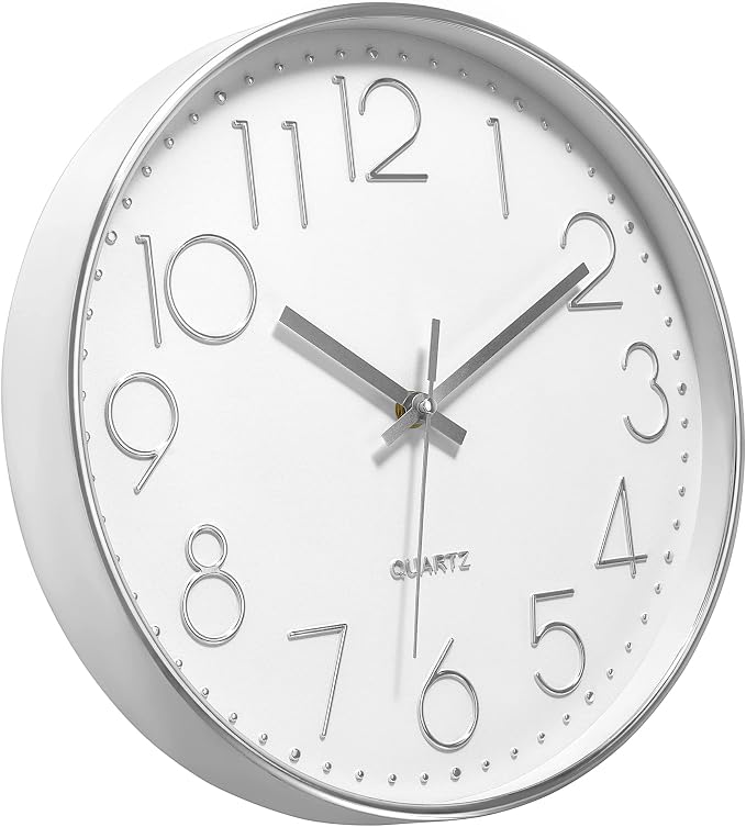 Foxtop 12" Modern Wall Clock Silent Battery Operated Analog Clock, Silver | Non Ticking, Quartz, Round, Easy to Read, Bedroom, Kitchen, Living Room, Office