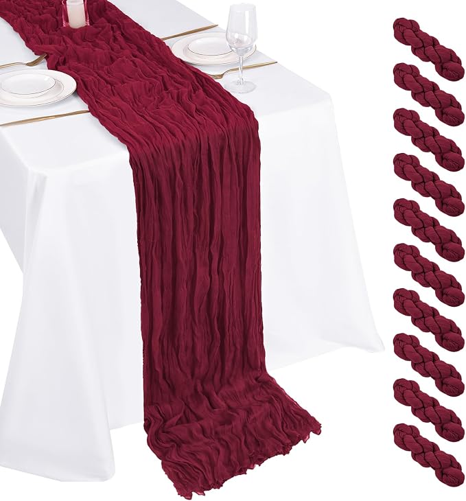 10 Pack Burgundy Cheesecloth Table Runner 17x108 Inch Boho Gauze Cheese Cloth Table Runners for Wedding Party Baby Shower Birthday Home Decor