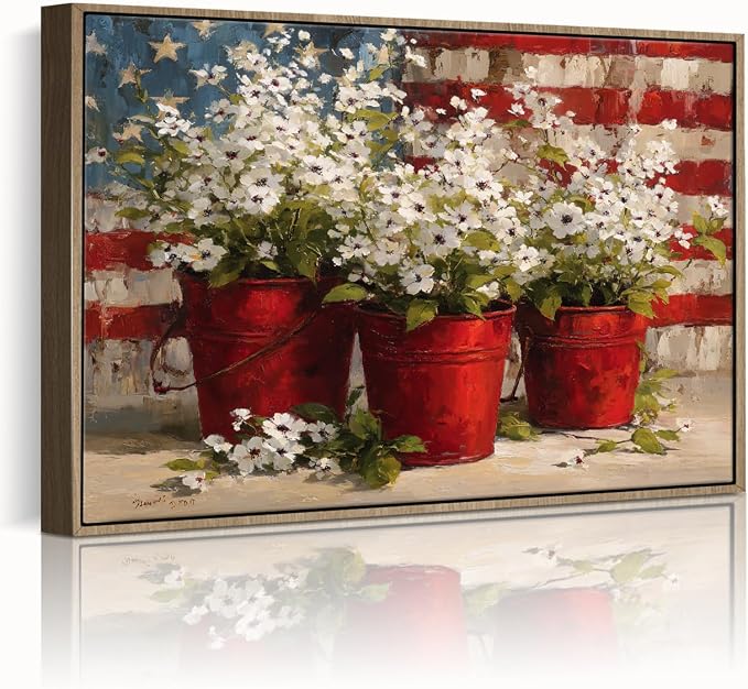 American Flag Framed Canvas Wall Art, 4th of July Floral Canvas Prints | Wildflower Landscape Poster Print, Vintage Rustic Independence Day Wall Decor for Bedroom Living Room Office 6×8in