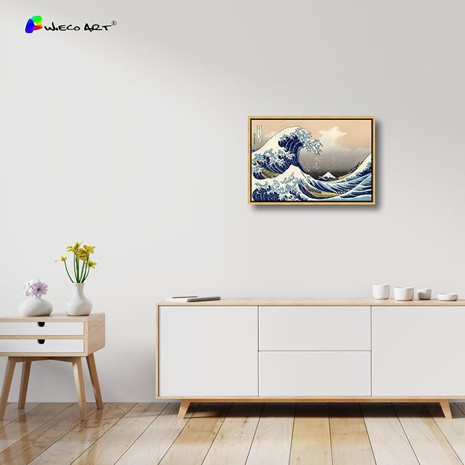 Wieco Art Framed Art Great Wave of Kanagawa Katsushika Hokusai Giclee Canvas Prints Wall Art Abstract Seascape Paintings for Home Living Room Decorations Bronze Gold Frame