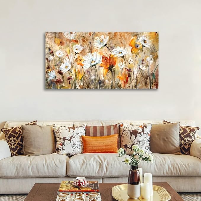 VEAEE Flowers Wall Art for Living Room Abstract Floral Canvas Pictures Modern Daisy Canvas Painting Artwork Prints Bedroom Kitchen Office Home Wall Decor Framed Ready To Hang 20"x 40"