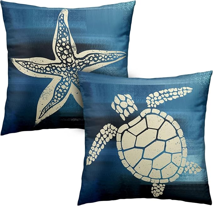 Sea Turtle Pillow Covers 16x16 Starfishes Cushion Cases Ocean Coastal Beach Pillowcases Set of 2 Outdoors Modern Home Decor Square Soft Ocean Theme Throw Pillow Covers