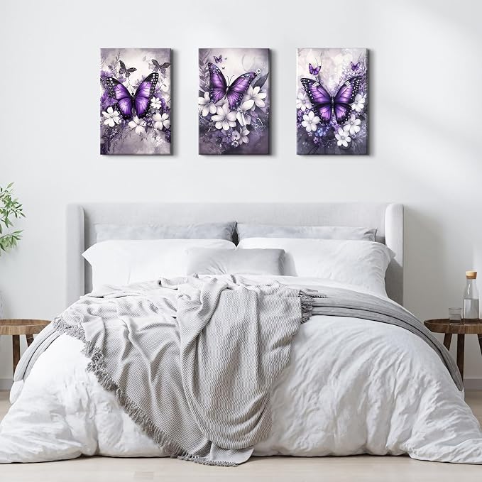 Purple Wall Decor Vintage Floral Wall Art Nature Butterfly Pictures Rustic Blossom Botanical Canvas Prints Farmhouse Wildflower Painting Artwork for Bedroom Living Room Home Decoration 16x24” 3Pcs