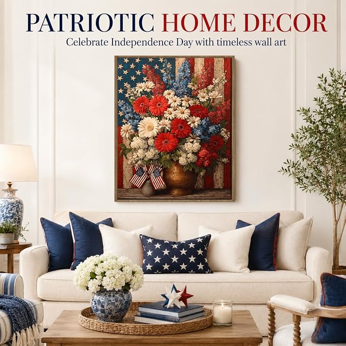 American Flag Framed Canvas Wall Art, 4th of July Patriotic Canvas Prints | Boy Holding USA Flag Poster Print, Modern Independence Day Wall Decor for Living Room Kids Room Dining Room Office 24×32in