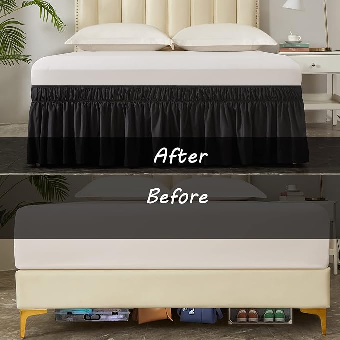 MEILA Wrap Around Elastic Bed Skirt for Queen & King Beds, 16" Drop, Black | Three-Side Adjustable Elastic Dust Ruffle, Ruffled Polyester Fabric, Easy to Install, Fade Resistant & Machine Washable