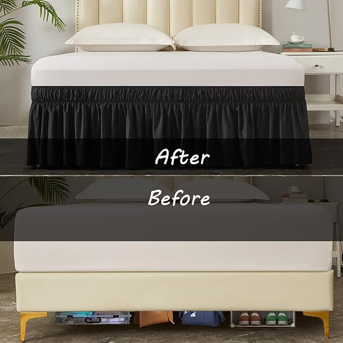 MEILA Wrap Around Elastic Bed Skirt for Queen & King Beds, 18" Drop,Black | Three-Side Adjustable Elastic Dust Ruffle, Ruffled Polyester Fabric, Easy to Install, Fade Resistant & Machine Washable