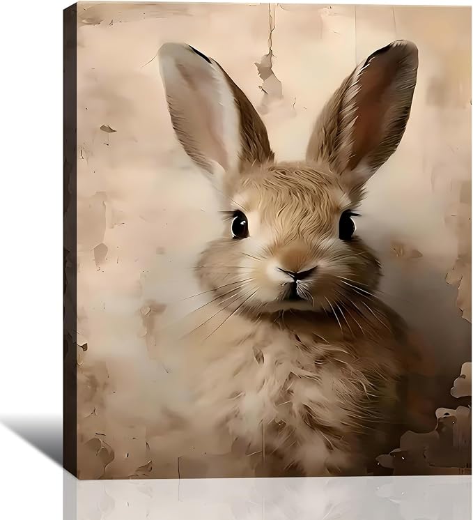 RIBNTAK Brown European Rabbit Portrait Canvas Art 20x30, Vintage Gallery Wrapped Canvas Wall Art, Easter Bunny Prints for Bedroom, Kitchen Rabbit Decor & Home Wall Decoration