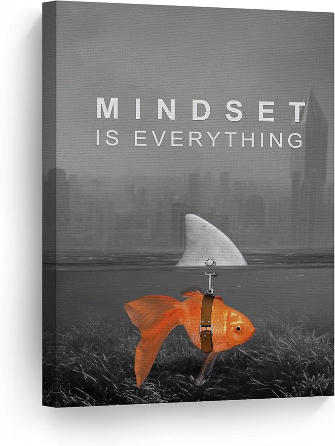 Smile Art Design Mindset is Everything Wall Art Canvas Print Black and White Goldfish Shark Entrepreneur Inspirational Motivational Quote Living Room Office Decor Ready to Hang 36x24