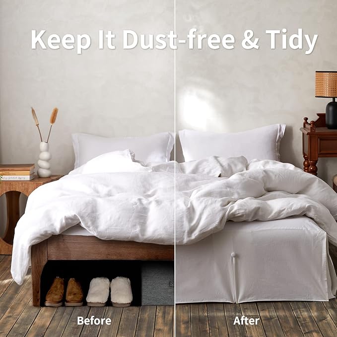 BISELINA French Linen Bed Skirt Split Corner with Button 18-Inch Tailored Drop Natural Flax Cotton Blend Basic Dust Ruffle Soft Cozy (18" King,Button White)