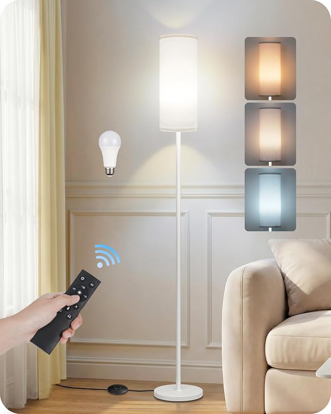 White Dimmable Floor Lamps for Living Room with Remote and Foot Switch, 64.4” Modern Standing Tall Lamp, Corner Lamp for Bedroom, Office, Bulb Included, 3000K-6500K, FCC Listed WCW06LD05W1