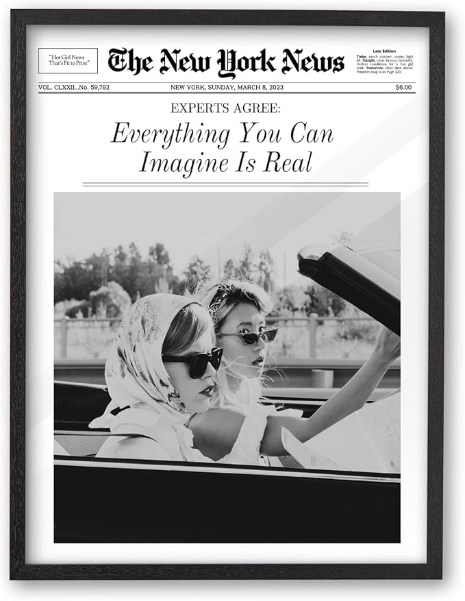 iHery 16x20in Everything You Can Imagine Is Real Framed Newspaper Art | Premium Black Natural OAK Wood Frame with Canvas Print, Vintage Girls Decor for Bedroom, Living Room, Dorm 1Pack