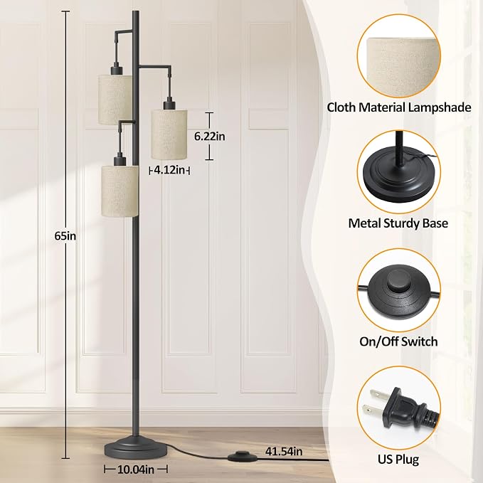3 Lights Boho Floor Lamps with ON/Off Foot Switch Tree Standing Lamp with Hanging Lampshades Farmhouse Floor Lamp Tall Pole Lamp for Living Room Bedroom Office, 3 PCS 6W Bulbs Included