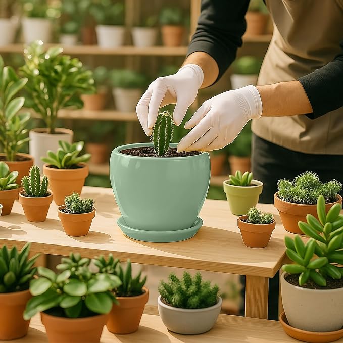 Deep Dream 6 Inch Plant Pots- Ceramic Planter Pot with Drainage Hole and Saucer, Round Flower Pot for Indoor Outdoor Succulent, Snake Plants and Cactus, Mint Green