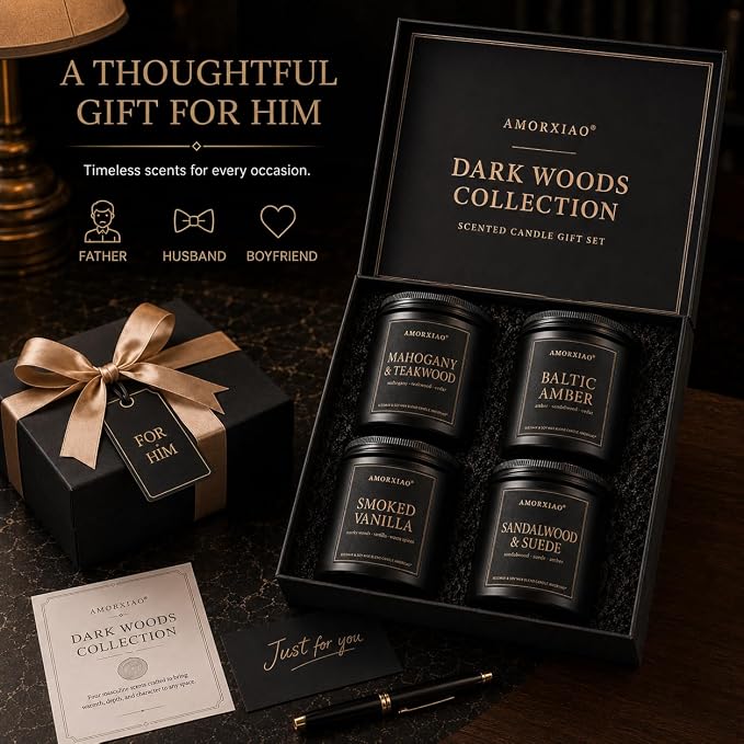 Scented Candles for Men, 4 Pack Dark Woods Manly Gift Set, 9 oz Each