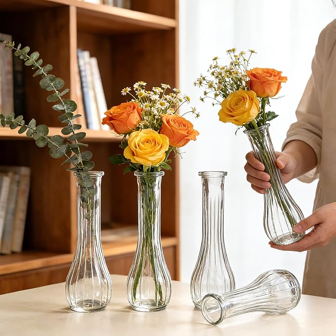Glass Bud Vases for Centerpieces, 6 Pack Clear Small Flower Vases | Cute Glass Vases for Wedding Decorations and Indoor Home Decor, Hurricane Candle Holder for Table Shelf, Party