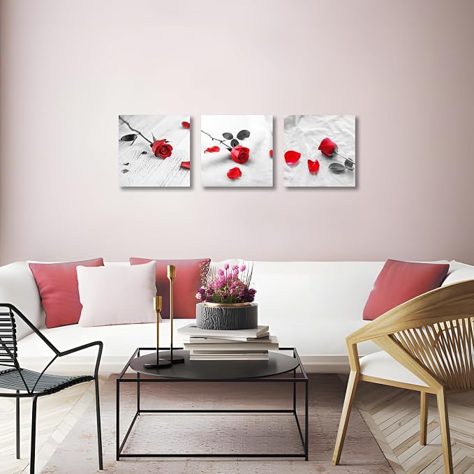 NAN Wind 3 Pcs Modern Canvas Painting Black and White Red Rose Canvas Art Painting Abstract Wall Art Decorations Flower Picture on Canvas for Home Decor Valentines Gift Stretched and Framed