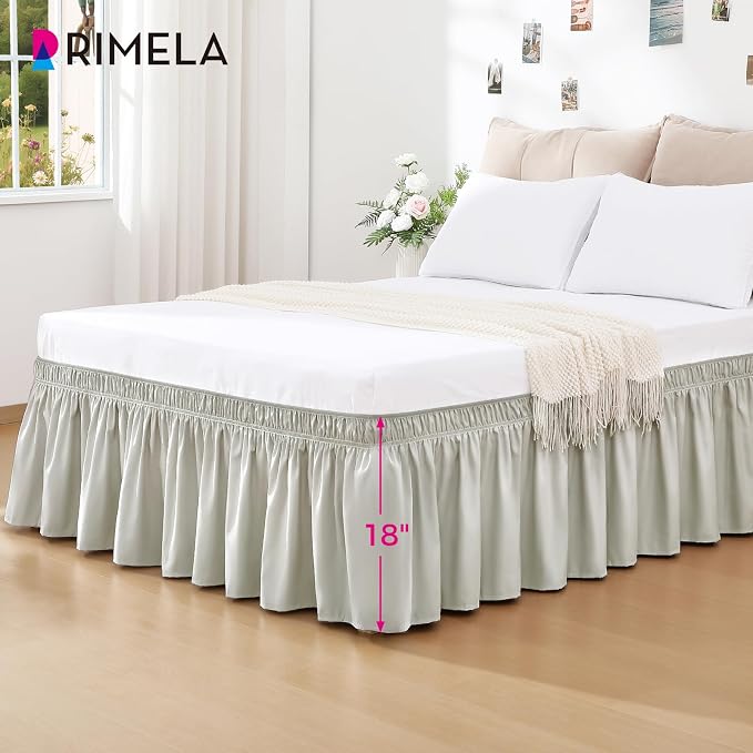 Light Grey Bed Skirt Queen Size 18" Drop, Elastic Wrap Around Bedskirt | Solid Ruffled, Easy to Use, No Mattress Lifting, Wrinkle & Fade Resistant, with Adhesive Strips, Machine Wash/Dry/Iron