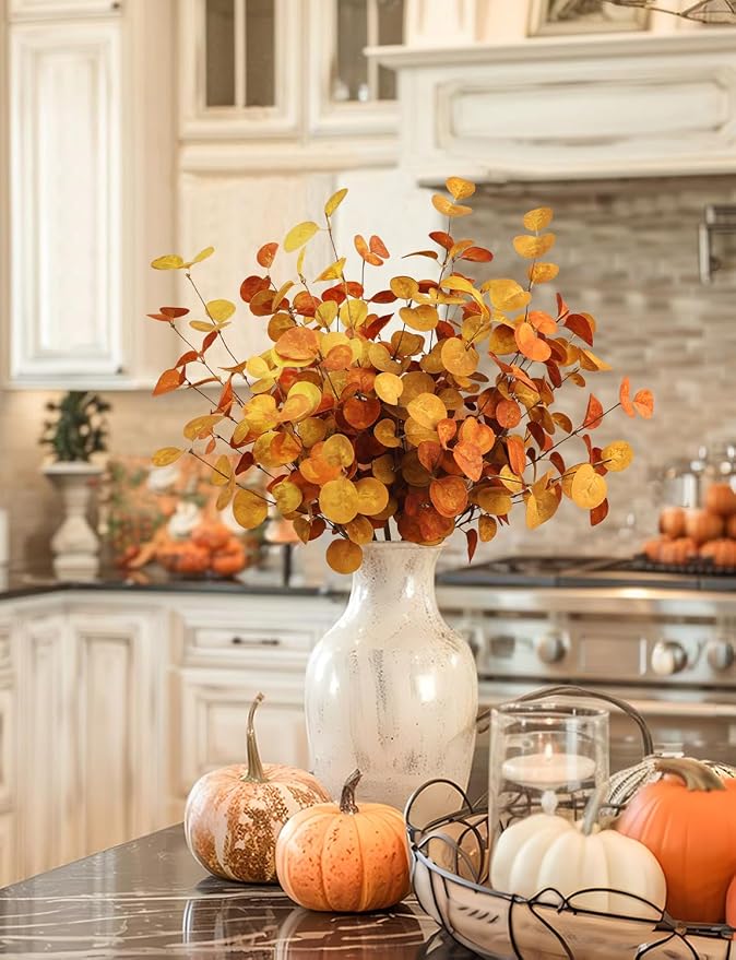 Bessol Fall Decorations Artificial Eucalyptus Stems 5Pcs Fall Eucalyptus Plants Autumn Decorations for Home Table Centerpieces Fake Fall Stems for Farmhouse Kitchen Floral Arrangements Decor