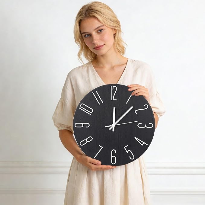 Wall Clock 12 Inch Silent Non-Ticking Imitation Wood Indoor Clock Round Green Decor Clock Modern 3D Figures Quartz Wall Clocks for Home, Hotel, Office, School
