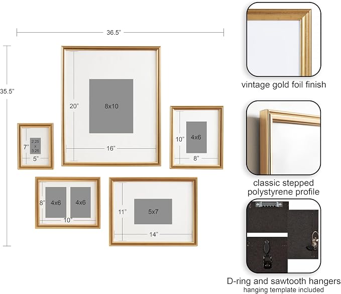 Kate and Laurel Adlynn Traditional Picture Frame Set, Set of 5, Varying Sizes, Vintage Gold, Classic Wall Frame Set Collection with Hanging Template for Gallery Wall Picture Frame Display