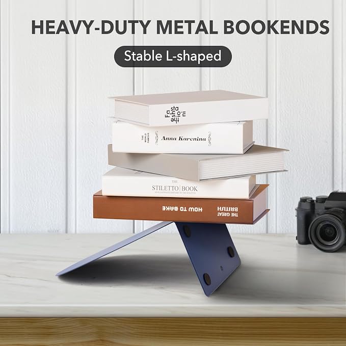 8 Pcs Metal Bookends - Book Ends for Shelves, Dark Blue