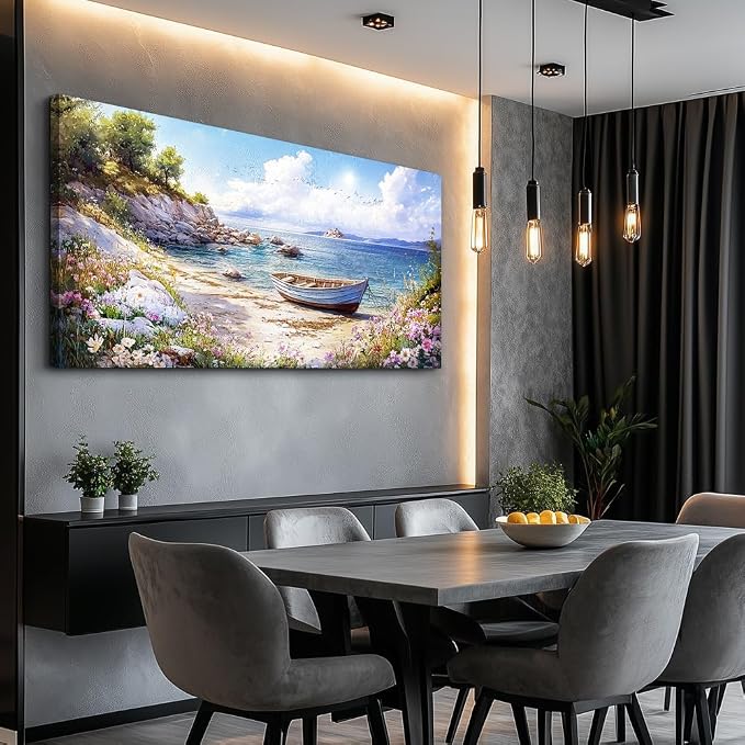 QIYILEXWART Canvas Wall Art For Living Room Large Wall Decor For Office Bedroom Decorations Seaside Landscape Pictures Boat Painting Artwork Room Wall Mural Aesthetic Home Decor 30x60 In