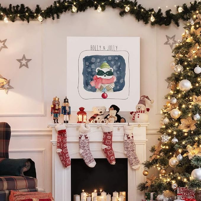Renditions Gallery Abstract Animal Wall Art for Home Decor Holly & Jolly Christmas Raccoon Canvas Hanging Artwork for Dining Living Room Kitchen Decorations - 40"X40" LT05