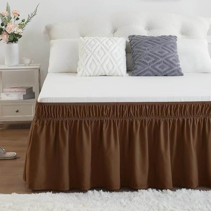 Brown Bed Skirt Full Size 15 Inch Drop, Elastic Wrap Around Bedskirt | Solid Ruffled, Easy to Use, No Mattress Lifting, Wrinkle & Fade Resistant, with Adhesive Strips, Machine Wash/Dry/Iron