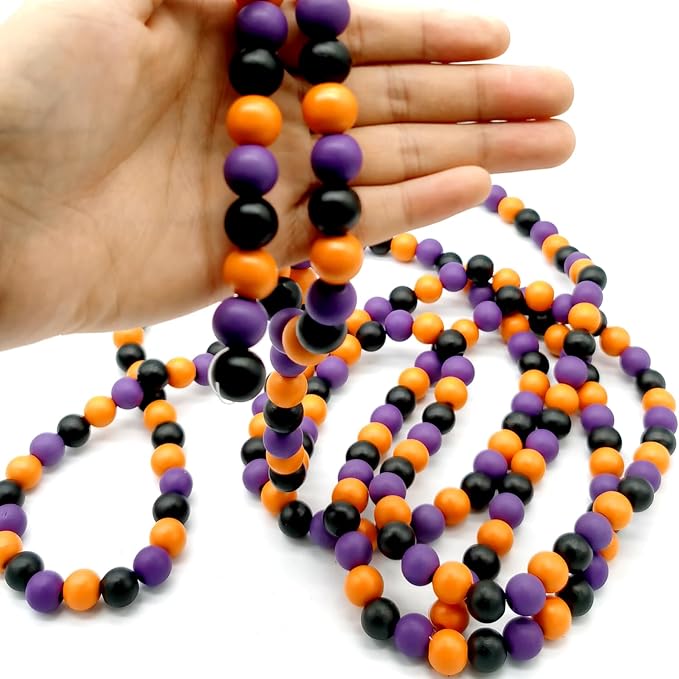 2 Pack Wooden Bead Garland - 10 Feet Halloween Wood Bead Decoration, 14mm (Orange, Purple and Black Color)