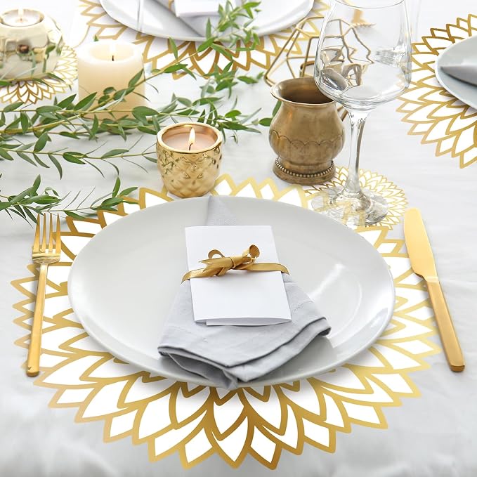 Geosar 200 Pcs Gold Round Disposable Paper Placemats Set 13 Inch | With Coasters for Drinks, Charger Size Fits Plates, Summer Hawaiian Luau Placemat for Wedding Bridal Shower Birthday