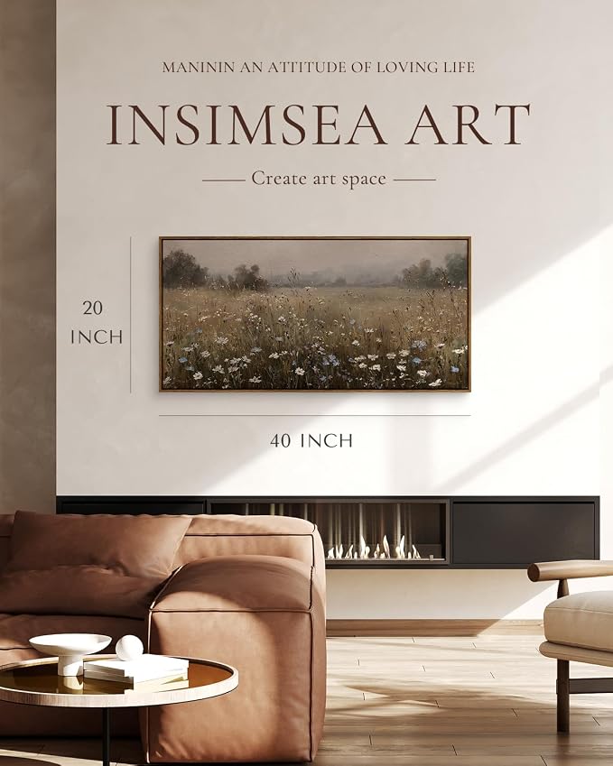 InSimSea Extra Large Framed Vintage Wall Art,Retro Wildflower Field,20x40In | Living Room Country Farmhouse Decor, Spring Landscape Canvas Prints, Scenery Long Pictures for Bedroom Above of Bed