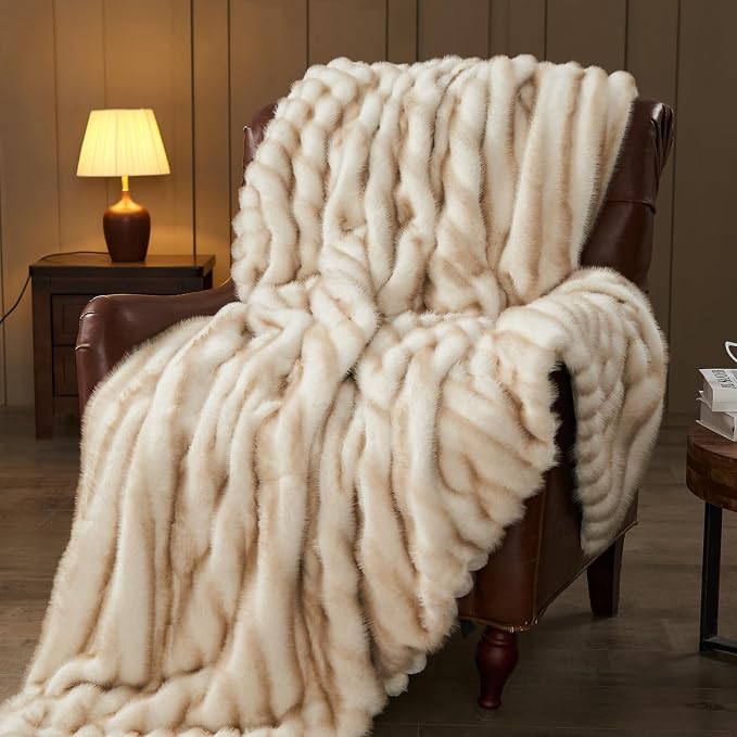 NEWCOSPLAY Faux Fur Thick Throw Blanket for Couch, Stripe Brown, 50"x60" | Luxury Fluffy Thick Warm Blanket for Couch Sofa Bed 1000GSM, Soft Plush Cozy Decorative Throw, Gift for Women Men