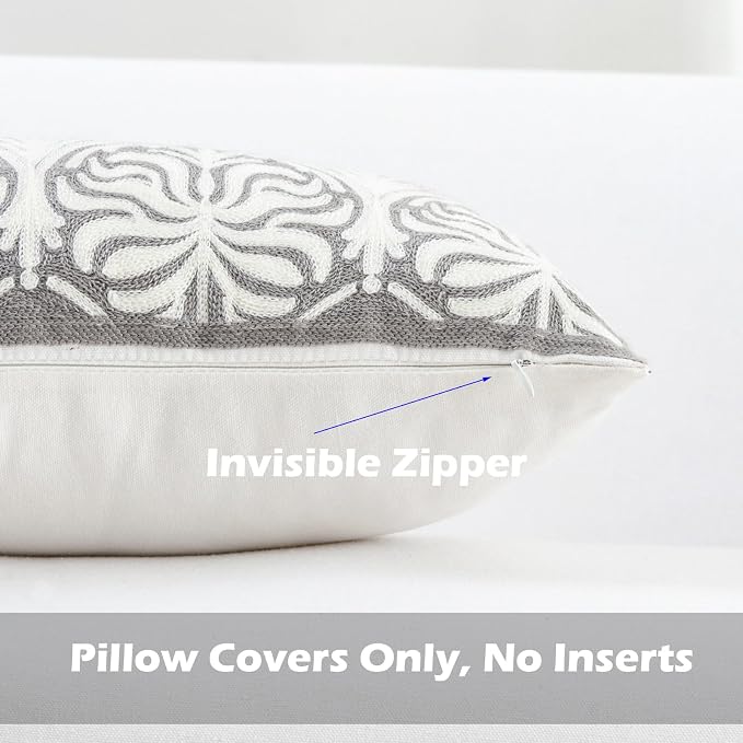 HWY 50 Grey Gray Decorative Lumbar Pillow Cover Rectangle 12x20 Inch (1 Piece), Embroidered Cotton Farmhouse Cushion Cover Pillow Case for Sofa Couch Living Room Bed, Minimalist Floral