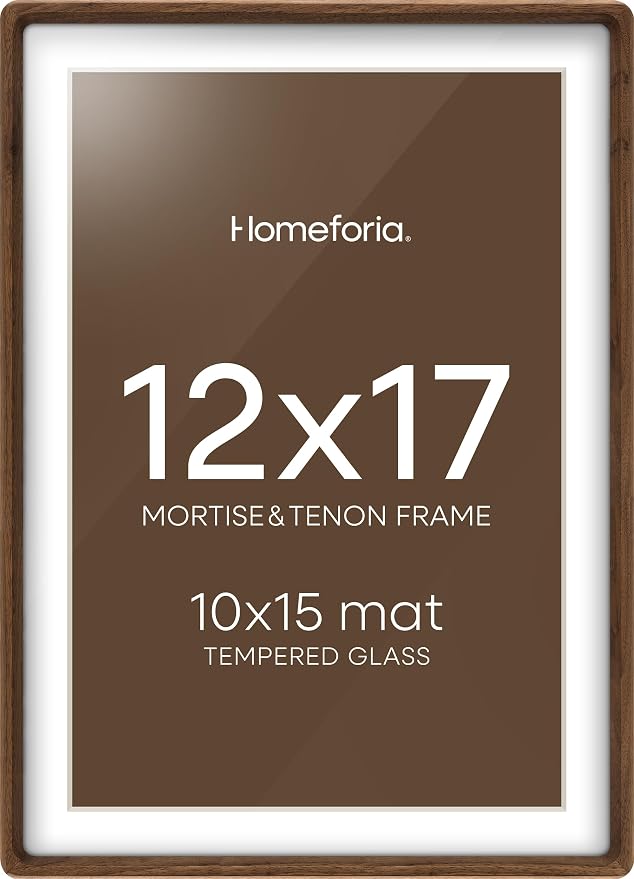 Homeforia 12x17 Mortise&Tenon Walnut Picture Frame, 10x15 Mat, Glass