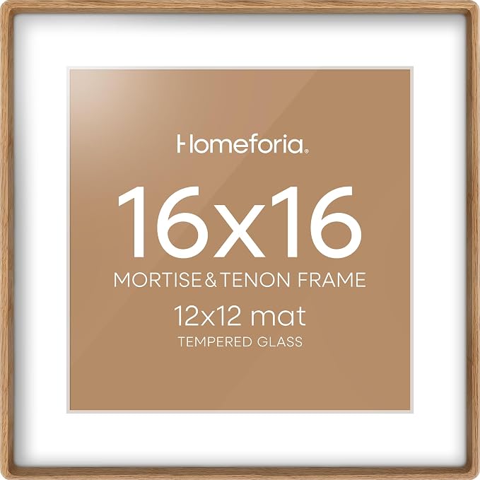Homeforia 16x16 Mortise&Tenon Natural Oak Picture Frame, 12x12 Mat, Glass
