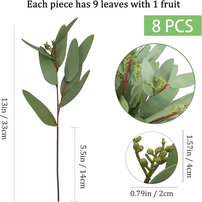 GREENTIME 8 Pack 13“ Faux Eucalyptus Stems with Seeds Artificial Leaves | Seeded Branches Greenery Stems for Bridal Wedding Bouquet Vase Table Centerpiece Decor