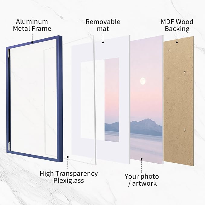 Fun Memories 8x10 Inch Metal Picture Frame - Aluminum Photo Frames - 5x7 Mat - Ideal for Wall or Tabletop Display - Wall Hook Hanging Hardware Included - Navy Blue - Set of 1