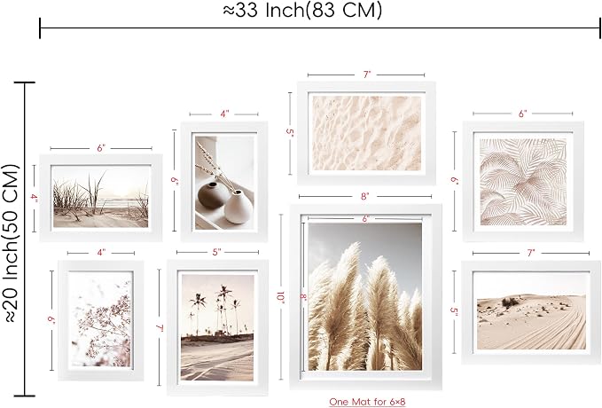 Gallery Wall Frame Set, 8 Pack White Picture Frames, Small | Collage Pampas Grass Prints Wall Art Decor for Living Room, Entryway, Stairway, Bedroom, Assorted Size