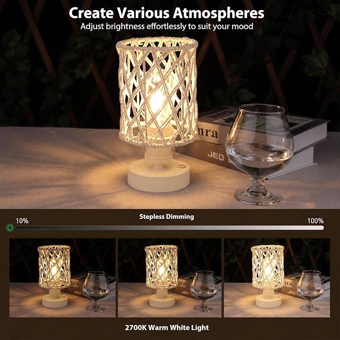 Cordless Outdoor Table Lamps, Small Rattan Boho, Rechargeable Battery Operated for Outdoor Patio, Home, Living Room, Bedroom, Bedside - Set of 2 (Ivory)