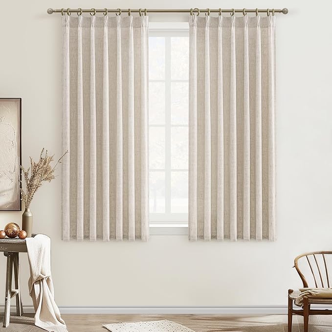 Pleated Natural Linen Kitchen Small Window 45 Inch Curtains Over Sink, Petty Light Filtering Pinch Pleat Cream Beige Sheer Mini Curtain 45 Inch Length 2 Panels Set for Cafe Laundry Room Back Tab Burg