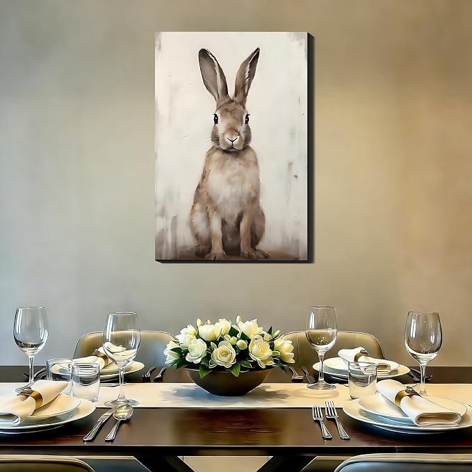 Vintage Rabbits Portrait Canvas Wall Art, Brown Easter Canvas Art for Living Room, Fireplace Wall Decor, Framed Spring Bunny Poster Prints for Bedroom Bathroom Holiday Decoration