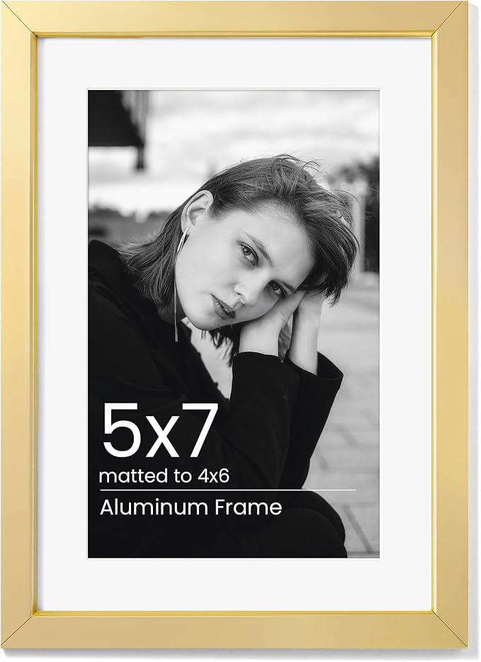 5x7 Photo Frame Gold, Aluminum Metal 5 x 7 Frame with Removable Mat, 5 by 7 Gold Picture Frame Matted to 4x6 Photo, Real Tempered Glass for Home and Office Gallery Wall, 1 Pack