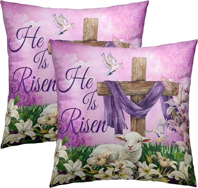 He is Risen Cross Christian Throw Pillow Covers 22''x22'' Set of 2 Easter Spring Pillowcase Religious Lily Floral Lamb Cotton Square Cushion Case Happy Holiday Pillows Protector for Home Sofa