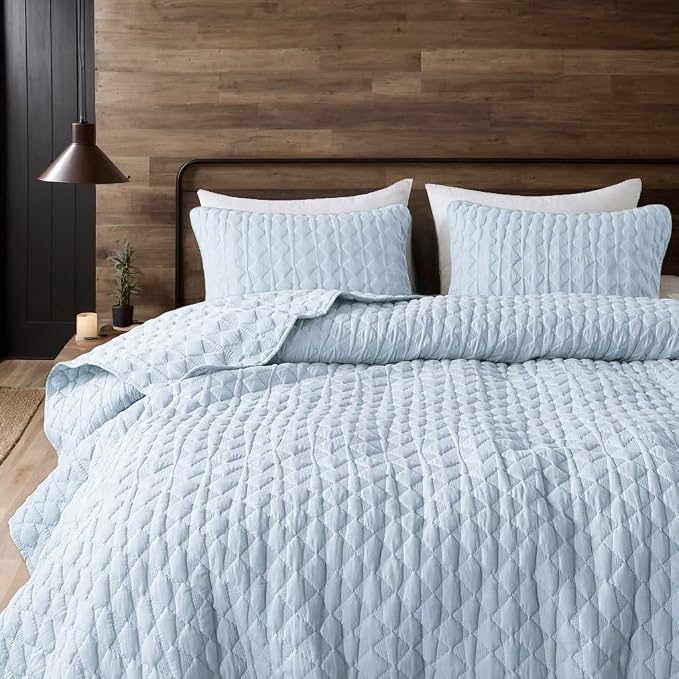 WDCOZY Light Blue Quilts Queen Size Bedding Set with 2 Pillow Shams, Lightweight Soft Full Bedspread Coverlet, Thin Comforter Bed Cover for All Season, 3 Pieces, 90x90 inches