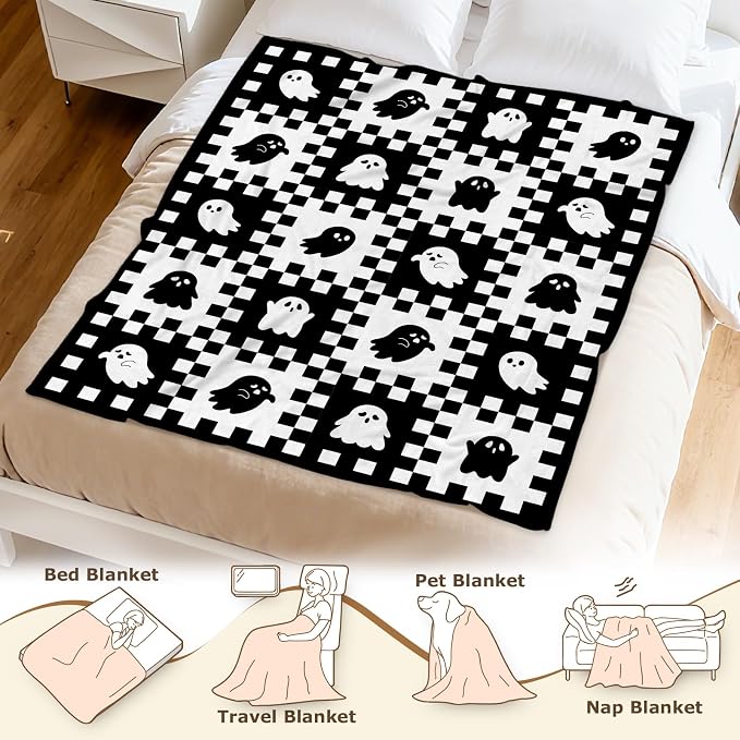Aimego Ghost Halloween Blanket for Girl Boy Ghost Gifts Blanket Throw for Women Spooky Blankets for Home Decor Cute Skull Blanket White Checkered Blankets(50X60 Inch)