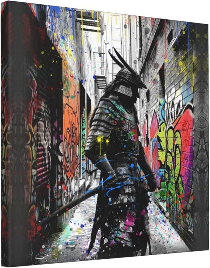 Wesluin 16"x16" Graffiti Samurai Canvas – Colorful Anime Japanese Wall Art | Urban warrior explodes from neon graffiti alley. Melding anime flair & street edge. Hook included, ready to hang.