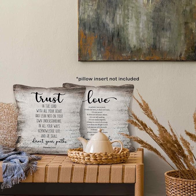 Christian Scripture Trust in the Lord Love is Patient Throw Pillow Covers 18x18 Set of 2, Bible Verse Proverbs Corinthians Decor Pillow Cases for Bedroom Living Room, Religious Pillowcases